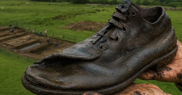 Ilustración fotorrealista de un zapato romano antiguo de cuero, ennegrecido por el lodo, sostenido por manos sucias de tierra frente a un fondo de excavación arqueológica en campo abierto, con cuadrantes delimitados y arqueólogos trabajando al fondo en Magna, cerca del Muro de Adriano