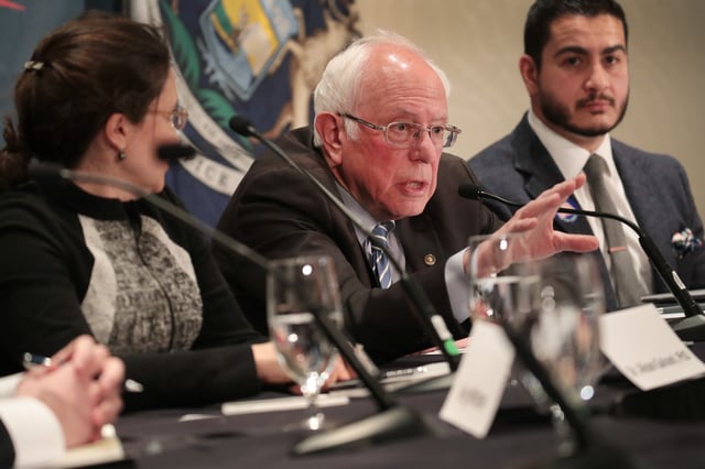 Democratic presidential candidate Sen. Bernie Sanders (I-VT) participates in a coronavirus public health roundtable with healthcare professionals including Dr. Alison Galvani (L) and Dr. Abdul El-Sayed (R)as he continues his campaign swing through the Midwest on March 09, 2020 in Detroit, Michigan.