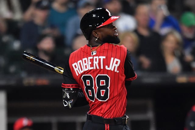 Jun 6, 2025; Chicago, Illinois, USA; Chicago White Sox center fielder Luis Robert Jr. (88) hits a two-run single during the eighth inning against the Kansas City Royals at Rate Field. Mandatory Credit: Patrick Gorski-Imagn Images/File Photo