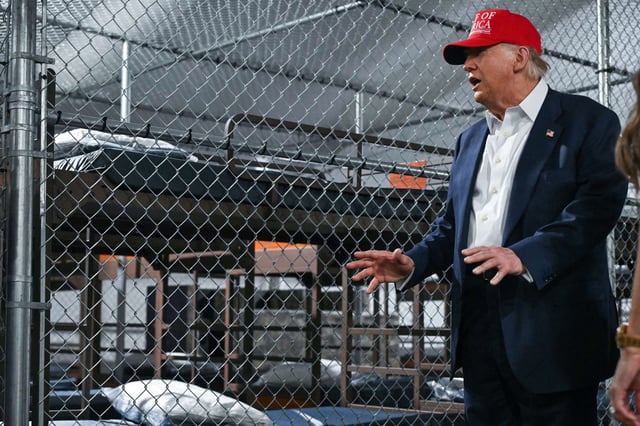 President Donald Trump tours a immigration jail, dubbed "Alligator Alcatraz," located at the site of the Dade-Collier Training and Transition Airport in Ochopee, Florida, on July 1, 2025.