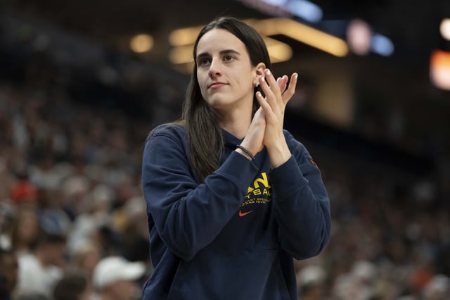 Jul 1, 2025; Minneapolis, Minnesota, USA; Indiana Fever guard Caitlin Clark (22) looks on against the Minnesota Lynx in the second half during the Commissioner's Cup final at Target Center. Mandatory Credit: Jesse Johnson-Imagn Images/File Photo