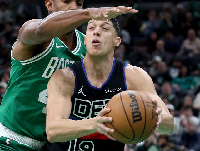 former Pistons forward Simone Fontecchio drives in a game against the Celtics on Dec. 12, 2024. (Matt Stone/Boston Herald)