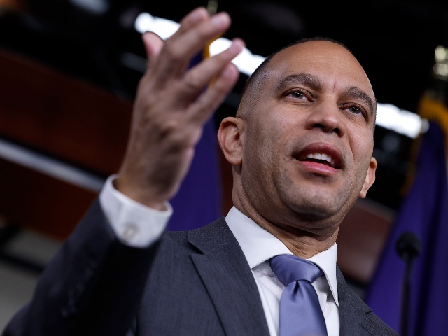 House Minority Leader Hakeem Jeffries (D-NY) talk to reporters during his weekly news conference in the U.S. Capitol Visitors Center on February 09, 2023 in Washington, DC. Jeffries was asked about Republican members of Congress' boisterous reactions to President Joe Biden's Tuesday State of the Union address and the effort to unseat Rep. George Santos (R-NY), who Jeffries called "a complete, utter and total fraud." (Chip Somodevilla/Getty)