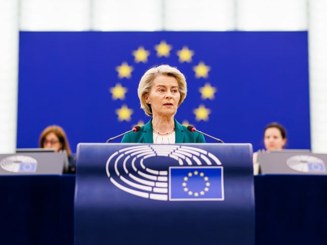 08 July 2025, France, Straßburg: Ursula von der Leyen (CDU), President of the European Commission, stands in the European Parliament building and speaks. The plenary session week begins with a debate on a vote of no confidence in the EU Commission. The vote is scheduled for Thursday. Photo: Philipp von Ditfurth/dpa (Photo by Philipp von Ditfurth/picture alliance via Getty Images)