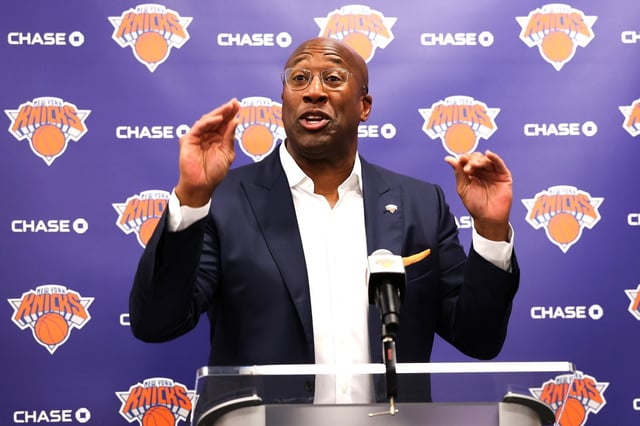 TARRYTOWN, NEW YORK - JULY 08: Head coach Mike Brown speaks to media during his introductory press conference at Knicks Training Facility on July 08, 2025 in Tarrytown, New York. NOTE TO USER: User expressly acknowledges and agrees that, by downloading and or using this photograph, User is consenting to the terms and conditions of the Getty Images License Agreement. (Photo by Ishika Samant/Getty Images)