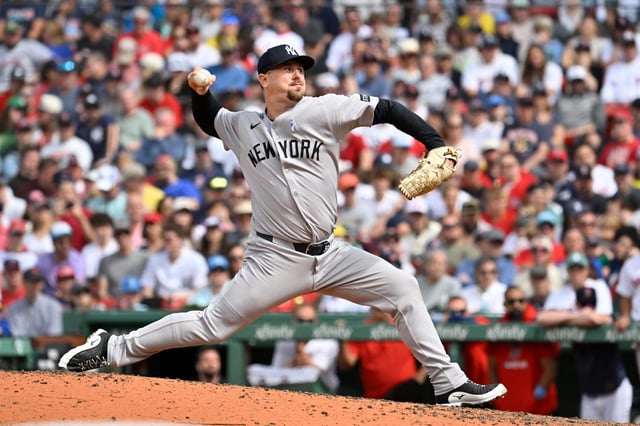 Jun 15, 2025; Boston, Massachusetts, USA; New York Yankees relief pitcher Mark Leiter Jr. (56) pitches against the Boston Red Sox during the eighth inning at Fenway Park. Mandatory Credit: Eric Canha-Imagn Images
