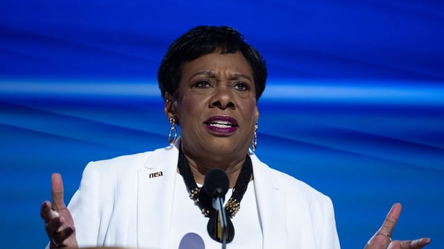 Becky Pringle, president of the National Education Association, speaks on the final night of the Democratic National Convention in August 2024. Photo: Tom Williams/CQ-Roll Call, Inc via Getty Images
