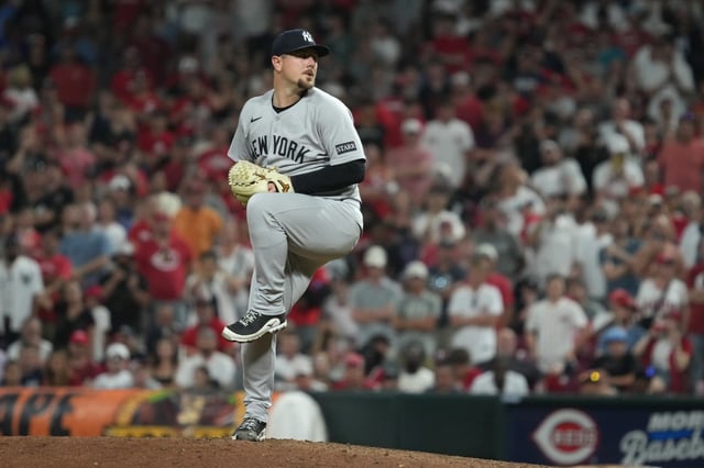 CINCINNATI, OHIO - JUNE 24: Mark Leiter Jr. #56 of the New York Yankees pitches during the eleventh inning against the Cincinnati Reds at Great American Ball Park on June 24, 2025 in Cincinnati, Ohio. (Photo by Jason Mowry/Getty Images)