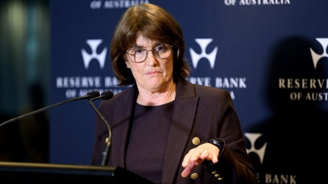 Reserve Bank of Australia (RBA) Governor Michele Bullock speaks to media during an interest rates annoucement, July 8 (Image: AAP/STEVE MARKHAM)