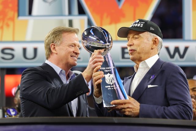 Owner of the Los Angeles Rams Stan Kroenke holds up the Vince Lombardi Trophy  after Super Bowl LVI at SoFi Stadium on February 13, 2022 in Inglewood.