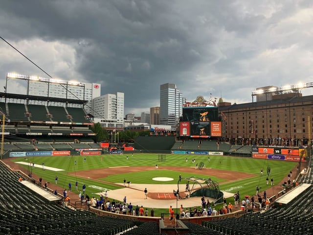 Camden Yards is shown on July 8 with inclement weather in the area. The Orioles’ game against the Mets was delayed because of thunderstorms. (Jacob Calvin Meyer/Staff)
