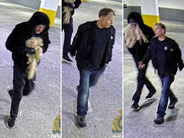 North Vancouver RCMP has released these surveillance images of two men who have been identified as persons of interests in the explosion that damaged the North Vancouver constituency office of MLA Bowinn Ma on June 27, 2025.