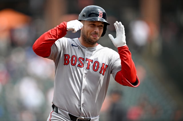 BALTIMORE, MARYLAND - APRIL 03: Alex Bregman #2 of the Boston Red Sox celebrates after hitting a two-run home run in the first inning against the Baltimore Orioles at Oriole Park at Camden Yards on April 03, 2025 in Baltimore, Maryland.