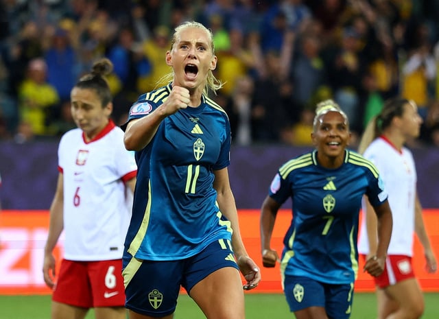 Soccer Football - UEFA Women's Euro 2025 - Group C - Poland v Sweden - Stadion Allmend, Lucerne, Switzerland - July 8, 2025 Sweden's Stina Blackstenius celebrates scoring their first goal with Madelen Janogy REUTERS/Matthew Childs