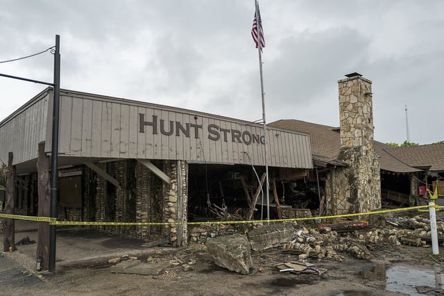 The Hunt Store in Hunt, Texas, is roped off after severe damage from recent flooding along the Guadalupe River on Sunday, July 6, 2025.