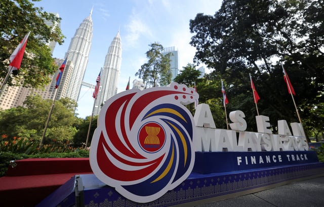The ASEAN logo is displayed outside the venue of the ASEAN Finance Ministers' and Central Bank Governors' Meeting in Kuala Lumpur, Malaysia April 8, 2025. REUTERS/Hasnoor Hussain/File Photo