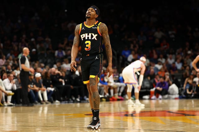 Apr 9, 2025; Phoenix, Arizona, USA; Phoenix Suns guard Bradley Beal (3) reacts against the Oklahoma City Thunder during the second half at Footprint Center. Mandatory Credit: Mark J. Rebilas-Imagn Images/File Photo