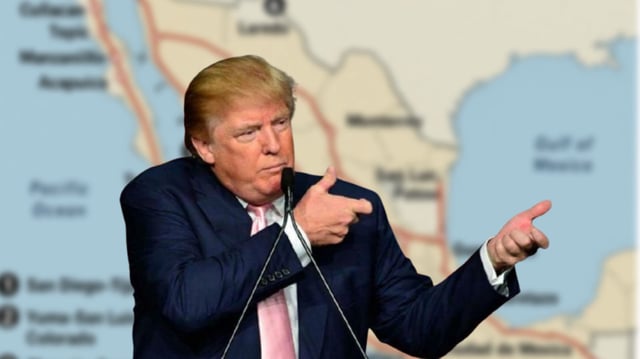 Donald Trump, presidente de Estados Unidos, simula portar una arma de fuego; de fondo se aprecia el mapa de México con las rutas detectadas por la Secretaría de Defensa.