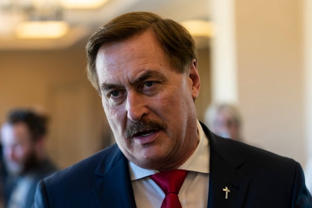 Mike Lindell talks to reporters at the Republican National Committee winter meeting in Dana Point, Calif., Friday, Jan. 27, 2023. (AP Photo/Jae C. Hong)