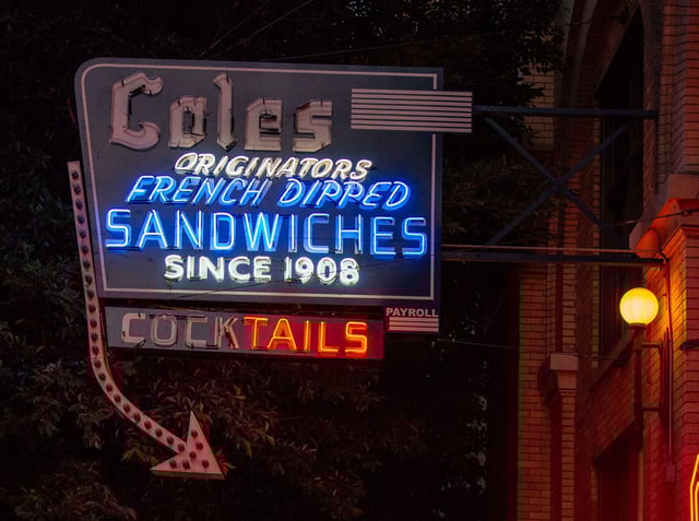 The sign for Cole's restaurant in downtown Los Angeles seen on July 7, 2025. The 117-year-old restaurant is slated to close on August 3.