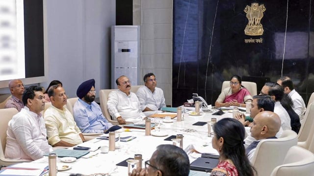 Delhi Chief Minister Rekha Gupta chairs a cabinet meeting, in New Delhi. (PTI)