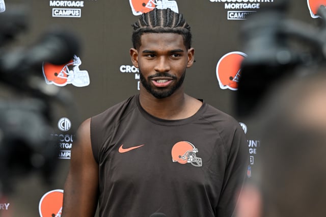 Shedeur Sanders #12 of the Cleveland Browns answers questions from the media during a press conference after Cleveland Browns mandatory minicamp at CrossCountry Mortgage Campus on June 10, 2025 in Berea, Ohio.