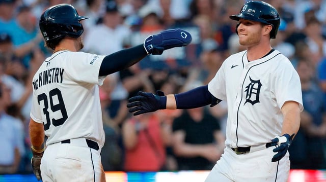 The Detroit Tigers’ Colt Keith, right, celebrates with teammate Zach McKinstry (39) after hitting a two-run home run against the Tampa Bay Rays during the seventh inning at Comerica Park on Tuesday, July 8, 2025, in Detroit. (Duane Burleson/Getty Images/TNS)