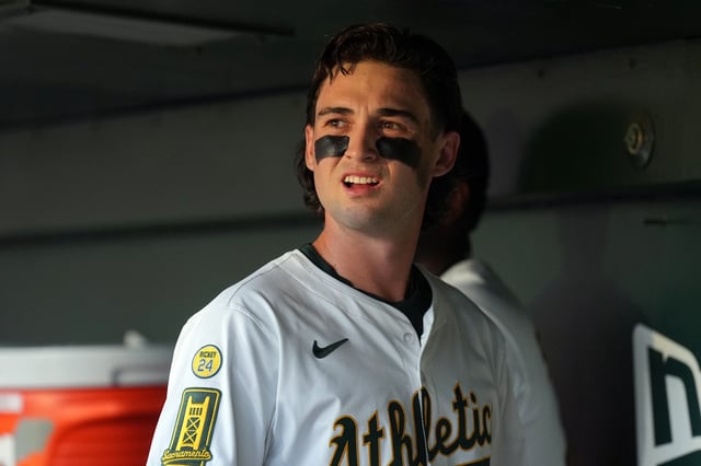 Jul 5, 2025; West Sacramento, California, USA; Athletics shortstop Jacob Wilson (5) during the fourth inning against the San Francisco Giants at Sutter Health Park. Mandatory Credit: Darren Yamashita-Imagn Images/File Photo