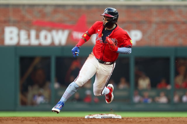 Jul 4, 2025; Atlanta, Georgia, USA; Atlanta Braves right fielder Ronald Acuna Jr. (13) runs to third against the Baltimore Orioles in the third inning at Truist Park. Mandatory Credit: Brett Davis-Imagn Images/File Photo