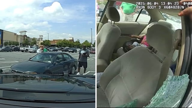 A  cop breaking a car’s window to rescue children left inside the hot vehicle by their dad. 