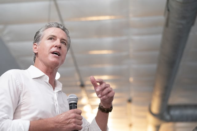 California Governor Gavin Newsom can be seen speaking to a crowd on July 8, 2025, in Florence, South Carolina. (Photo by Sean Rayford/Getty Images)