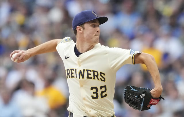 Milwaukee Brewers starting pitcher Jacob Misiorowski throws to the plate during the first inning of their game against the Dodgers on Tuesday night in Milwaukee. Misiorowski struck out 12 in six dominant innings and impressed Dodgers pitcher Clayton Kershaw in the process. (Photo by Patrick McDermott/Getty Images)