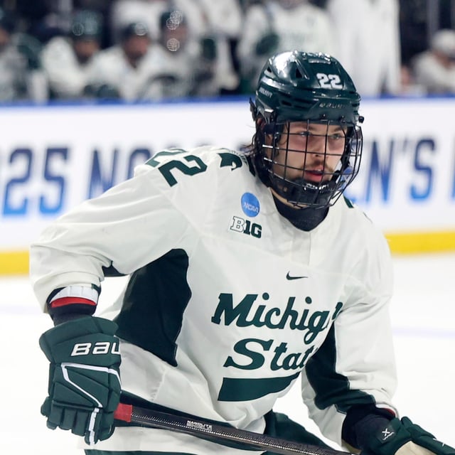 FILE - Michigan State's Isaac Howard (22) in action against Cornell during the first round of the NCAA college hockey tournament, March 27, 2025, in Toledo, Ohio. (AP Photo/Gregory Payan, File)