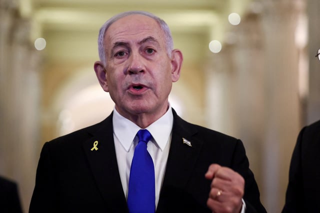 Israeli Prime Minister Benjamin Netanyahu speaks to the press, on Capitol Hill in Washington, D.C. U.S. July 8, 2025. REUTERS/Evelyn Hockstein