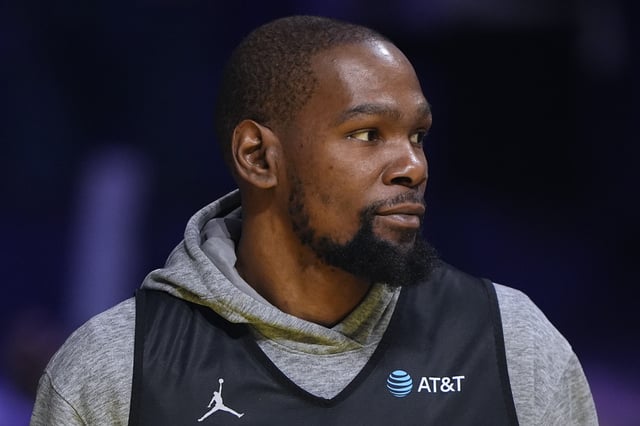 Kevin Durant #35 of the Phoenix Suns and Shaq&#39;s OGs looks on during 2025 NBA All-Star Practice &amp; Media Availability at Oakland Arena on February 15, 2025 in Oakland, California.