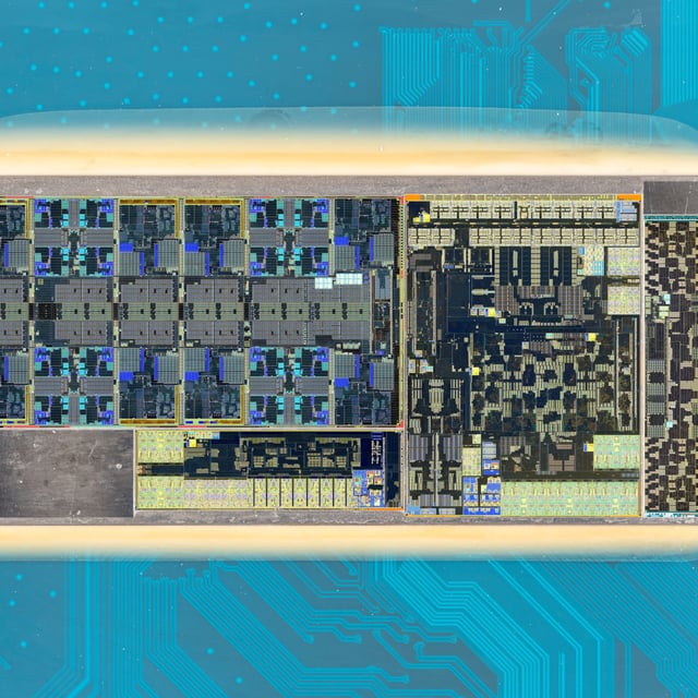 A close-up, detailed photo of a delidded Intel Core Ultra 200S processor, codenamed Arrow Lake, showing the structures of each tile comprising the processor.
