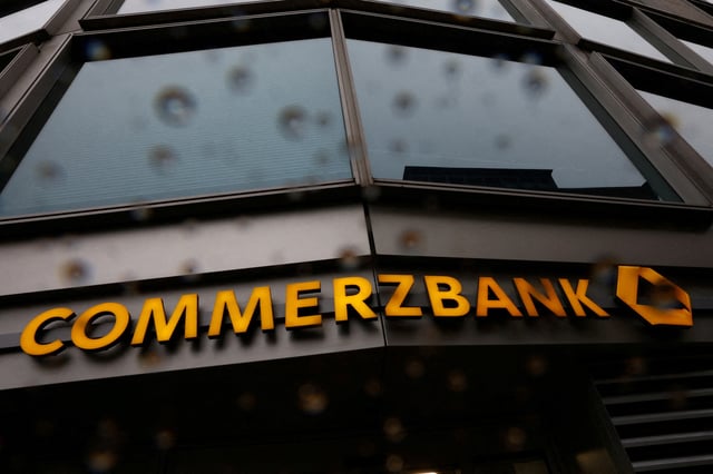 The logo of  Commerzbank is pictured at the company's headquarters in Frankfurt, Germany, February 13, 2025. REUTERS/Kai Pfaffenbach/File Photo