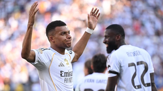 Kylian Mbappe #9 of Real Madrid C.F. celebrates scoring 