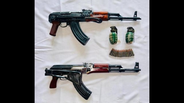 The two AK-47 rifles with 16 cartridges, two magazines, and two P-86 (high explosive) hand-grenades that were recovered from a forest area in Punjab’s border district of Gurdaspur. (X)