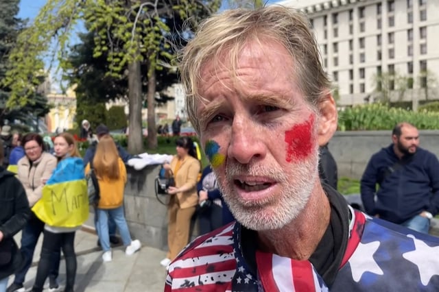 Ryan Wesley Routh is seen speaking during an interview at a rally to urge foreign leaders and international organizations to help provide humanitarian corridors for the evacuation of civilians and Ukrainian servicemen from Mariupol in central Kyiv on April 27, 2022,