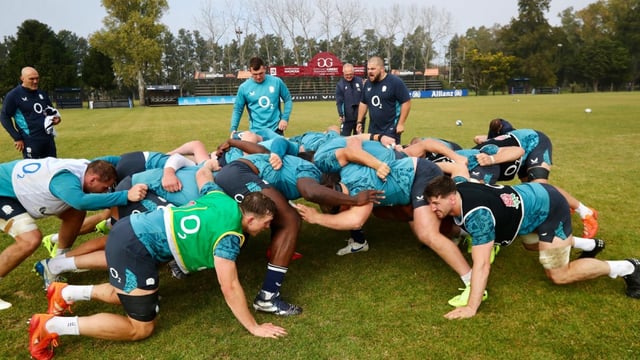 Going head to head: the England players give it their all as they scrum down in a brutal workout