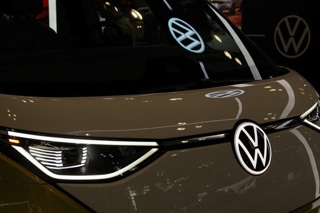 Volkswagen automobile logos are seen during the New York International Auto Show Press Preview in New York City, U.S., April 16, 2025. REUTERS/Shannon Stapleton/File Photo