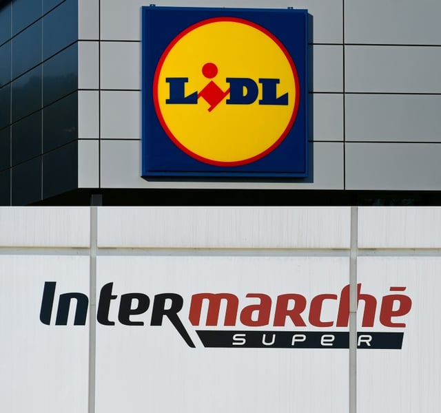 (COMBO) This combination of pictures created on July 09, 2025 shows the logo of German discount retailer Lidl in Valras-Plage, southern France on Mars 30, 2025, and the logo of French supermarket chain Intermarche in Montpellier, southern France on September 1, 2014. The supermarket chain Lidl has been ordered by the Paris Court of Appeal to pay 43 million euros in compensation to Intermarche for misleading commercial practices, according to a ruling seen by AFP on July 9, 2025.