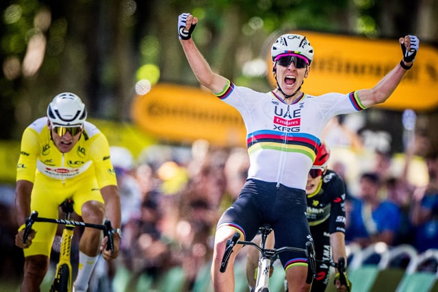 Slovenian Tadej Pogacar of UAE Team Emirates celebrates as he crosses the finish line to win the fourth stage of the 2025 Tour de France cycling, Amien Metropole - Rouen (173 km), on Tuesday 08 July 2025 in France. The 112th edition of the Tour de France starts on Saturday 5 July in Lille, France, and will finish in Paris, France on the 27th of July.