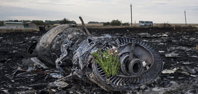 Blumen auf einem Triebwerk des abgestürzten Malaysia-Airlines-Flugzeugs (Archiv)