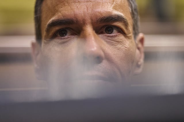 Spanish Prime Minister Pedro Sánchez looks on as he sits in the Spanish parliament in Madrid, Wednesday, July 9, 2025. (AP Photo/Bernat Armangue)