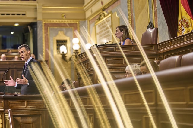 Spanish Prime Minister Pedro Sánchez gives a speech at the Spanish parliament in Madrid, Wednesday, July 9, 2025. (AP Photo/Bernat Armangue)