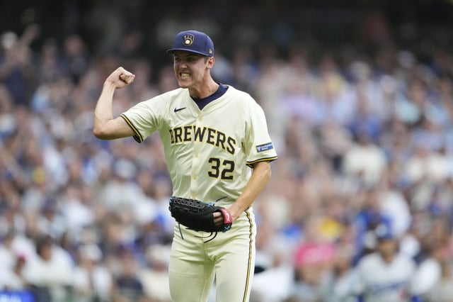 MILWAUKEE, WISCONSIN - JULY 08: Jacob Misiorowski #32 of the Milwaukee Brewers reacts after striking out Freddie Freeman #5 of the Los Angeles Dodgers in the top of the third inning at American Family Field on July 08, 2025 in Milwaukee, Wisconsin.