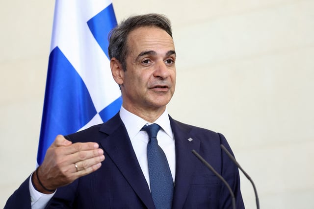 Greek Prime Minister Kyriakos Mitsotakis speaks during a press conference with German Chancellor Friedrich Merz, in Berlin, Germany, May 13, 2025. REUTERS/Lisi Niesner/File Photo