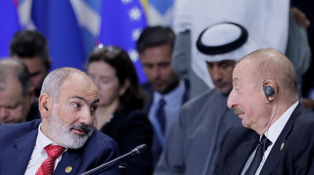 Azerbaijan's President Ilham Aliyev and Armenia's Prime Minister Nikol Pashinyan attend a plenary session in the outreach/BRICS Plus format at the BRICS summit in Kazan, Russia October 24, 2024. REUTERS/Maxim Shemetov/Pool/File Photo